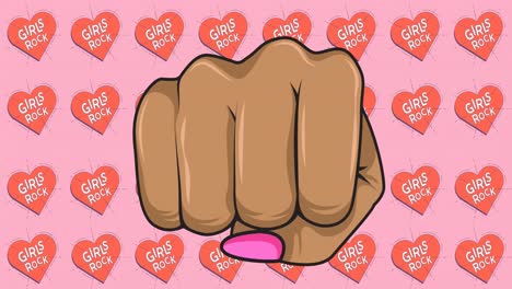 animation of female fist over multiple girls rock text on heart