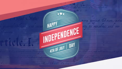 feliz día de la independencia, 4 de julio texto en una insignia con la constitución y un niño sosteniendo banderas