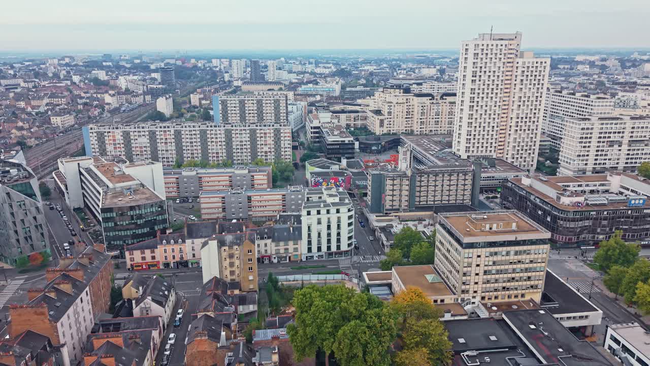 Modern Colombier district in Rennes, cityscape, France. Aerial drone backward