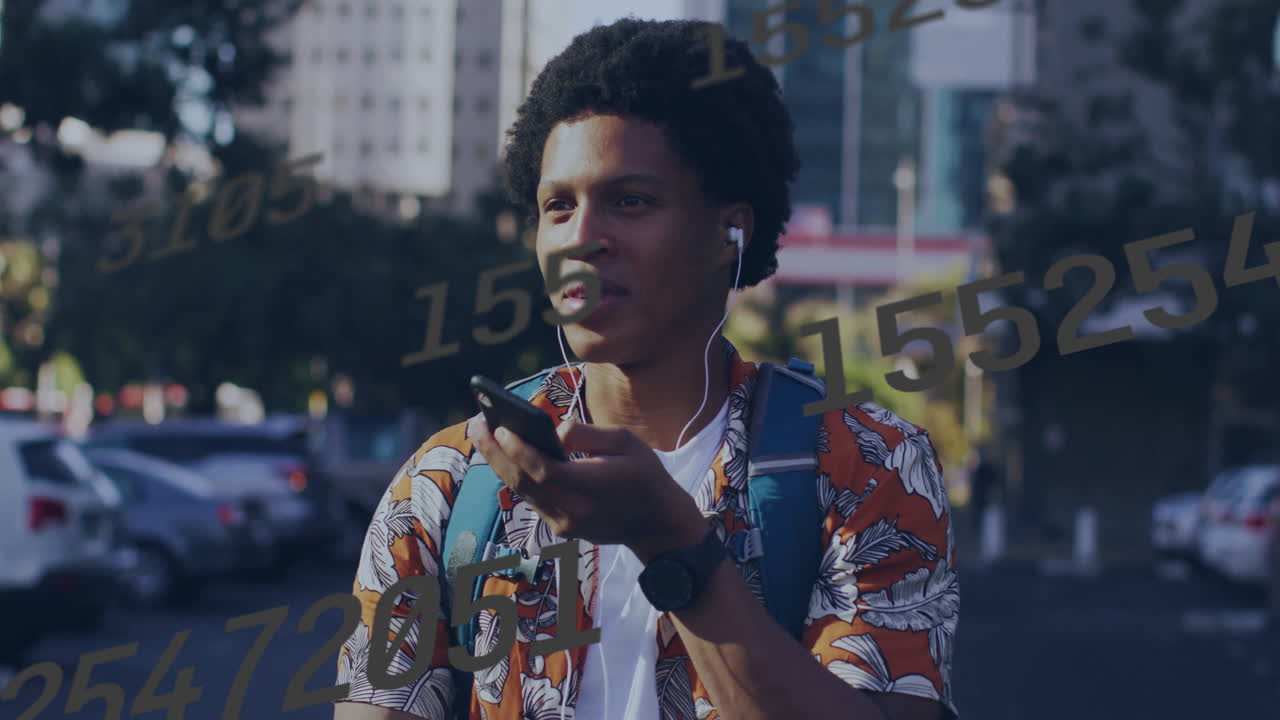 Young man with headphones using smartphone, surrounded by floating numbers animation