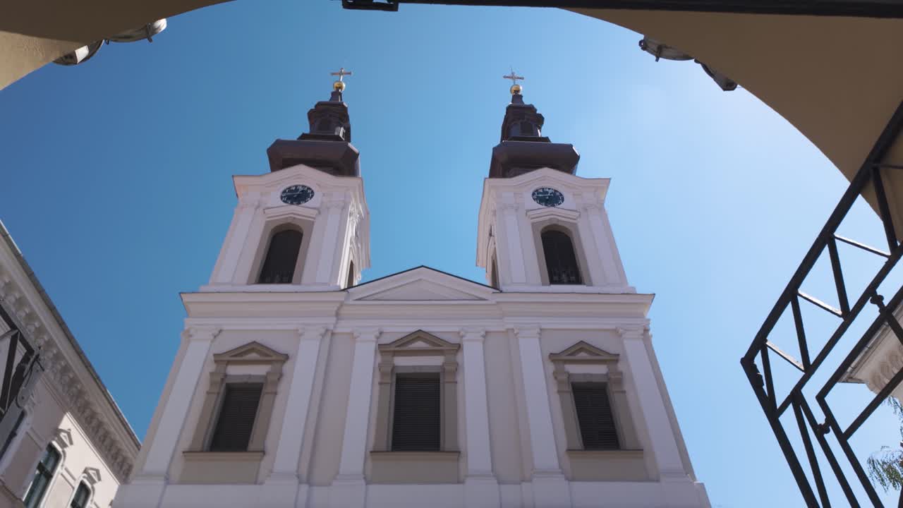 Detailed view of the Serbian Orthodox Cathedral facade in Timisoara, showcasing its elegant and historic design