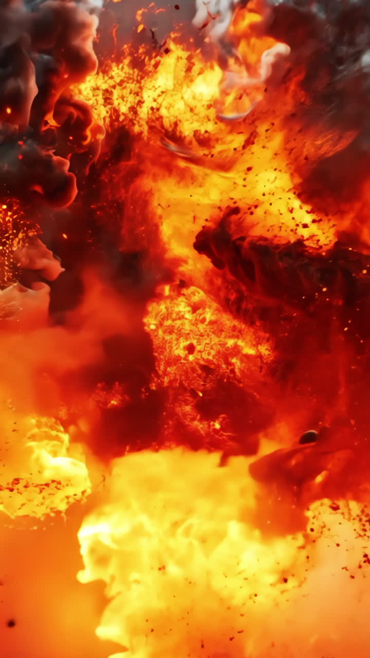 A large explosion is depicted in the image, with a lot of smoke and debris flying through the air. The scene is intense and chaotic, with the explosion leaving a trail of destruction in its wake