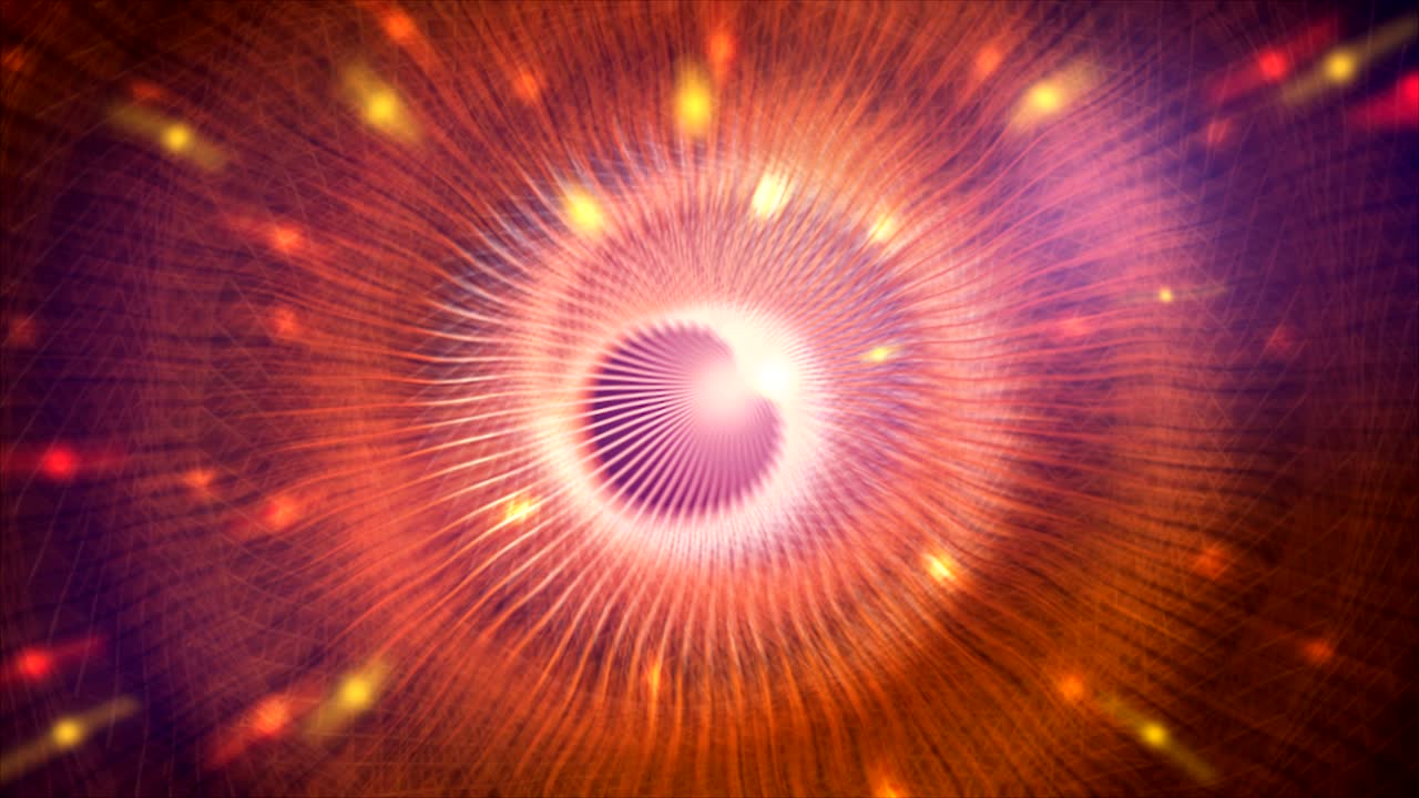 túnel de luz con partículas brillantes en el espacio con efecto borroso, fondo de reproducción 3d, fondo generado por computadora