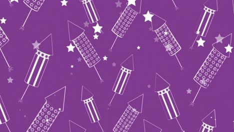 Animation-of-white-stars-and-rocket-fireworks-on-purple-background