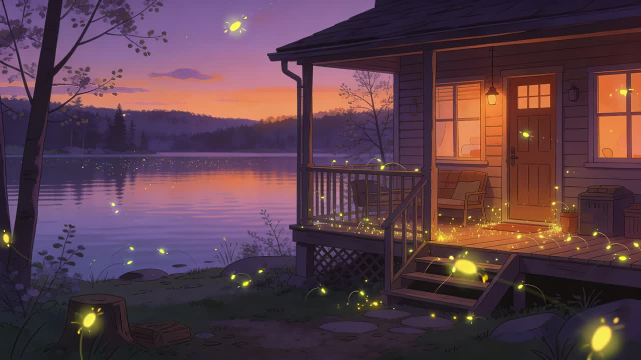 Lucciole che fluttuano provenienti da sinistra, attratte dalla lampada del portico al tramonto sul lago, illuminando gradini e ringhiera