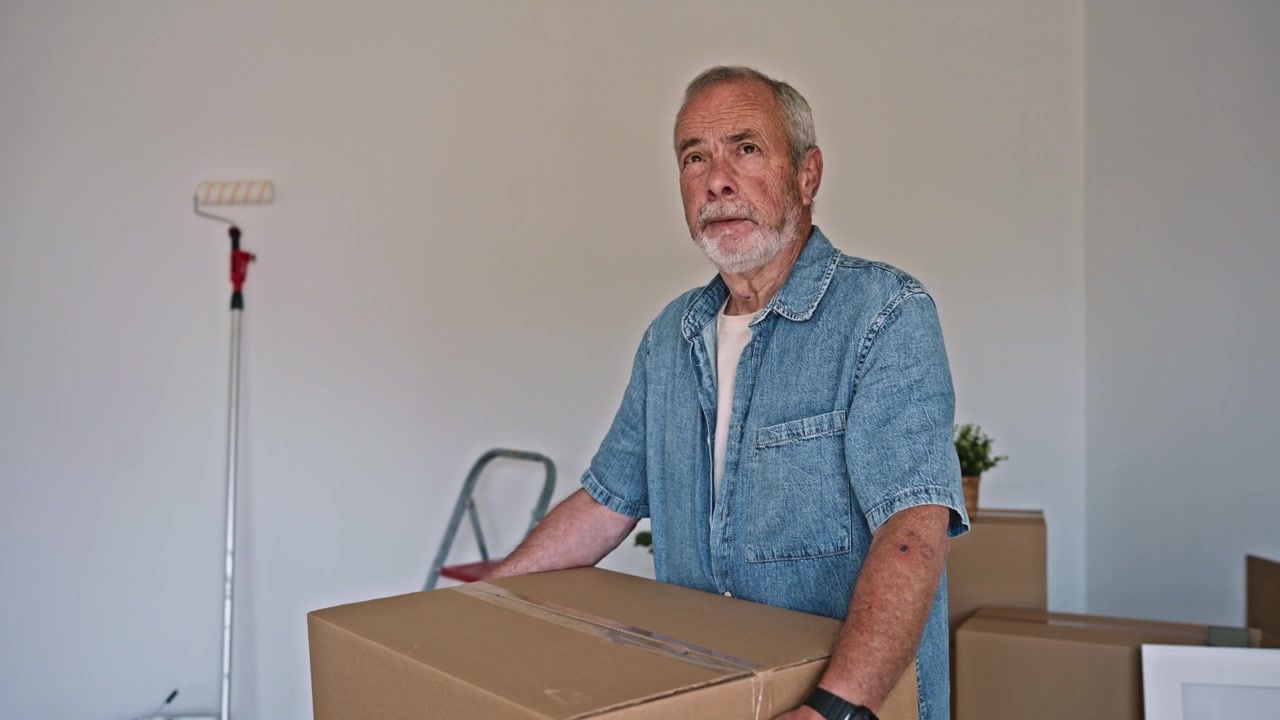 Thoughtful Senior Man Carrying Moving Box in Empty Room