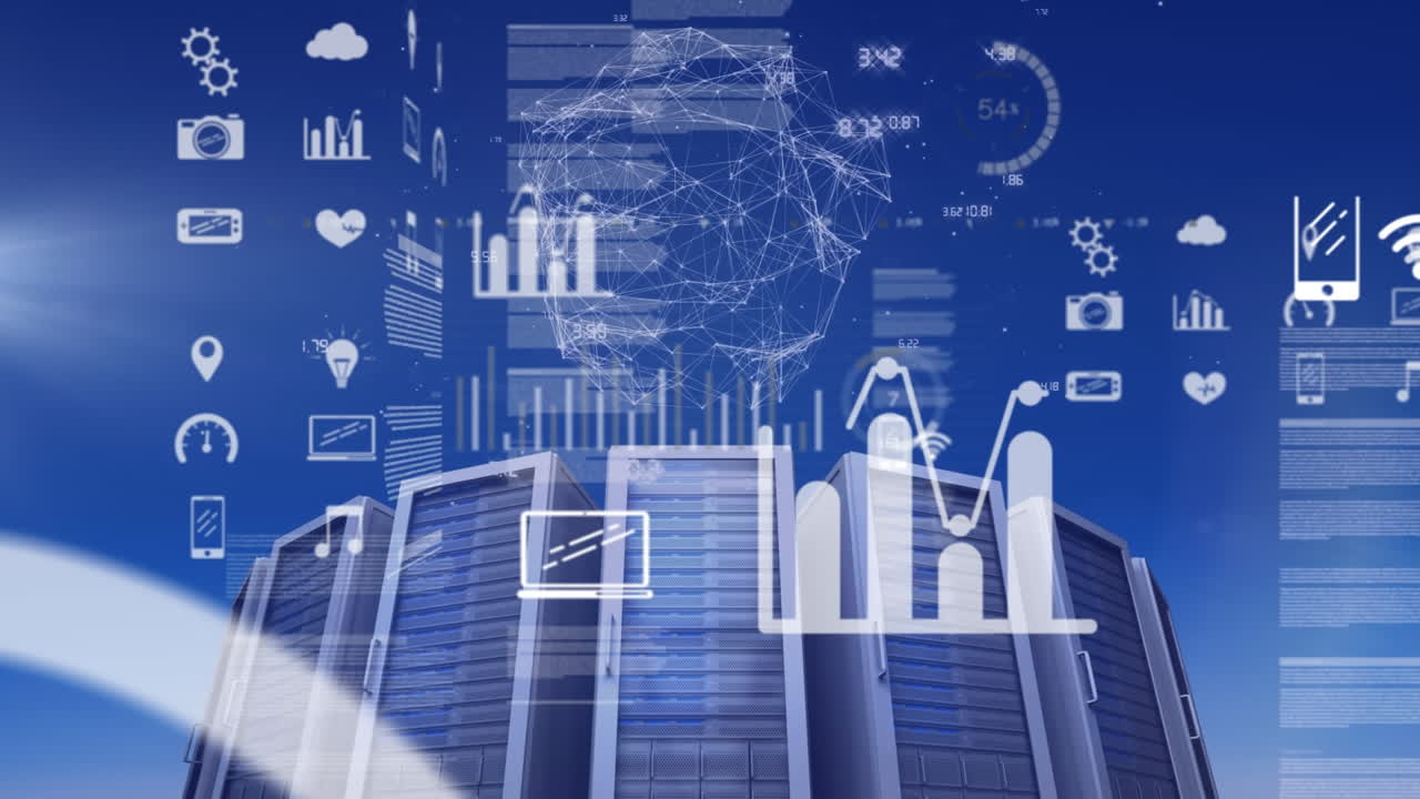 Animation of interface with data processing, globe of network of connections and computer servers
