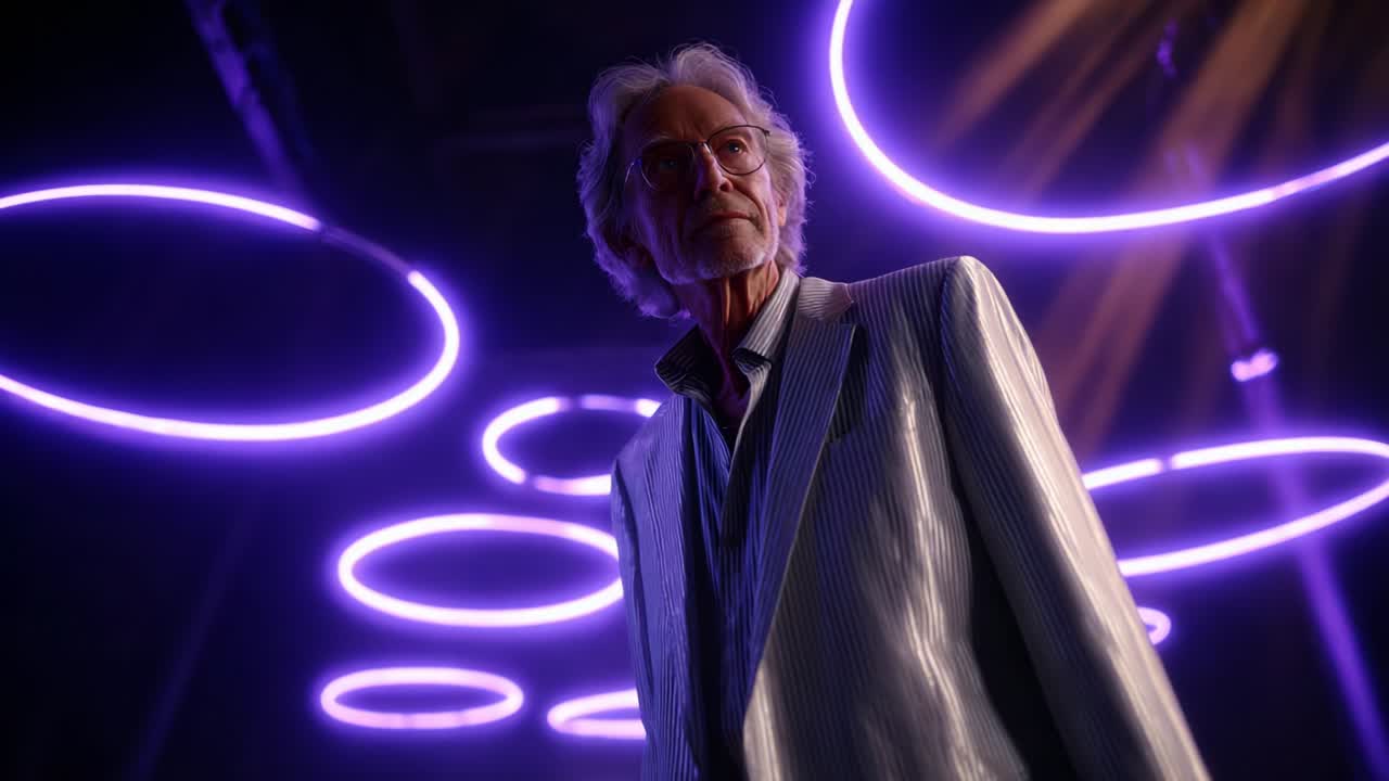 Un uomo elegante in un abito a righe si trova sotto un'ipnotica esposizione di cerchi viola, catturando un momento di fascino e un'atmosfera elegante in un ambiente visivo dinamico