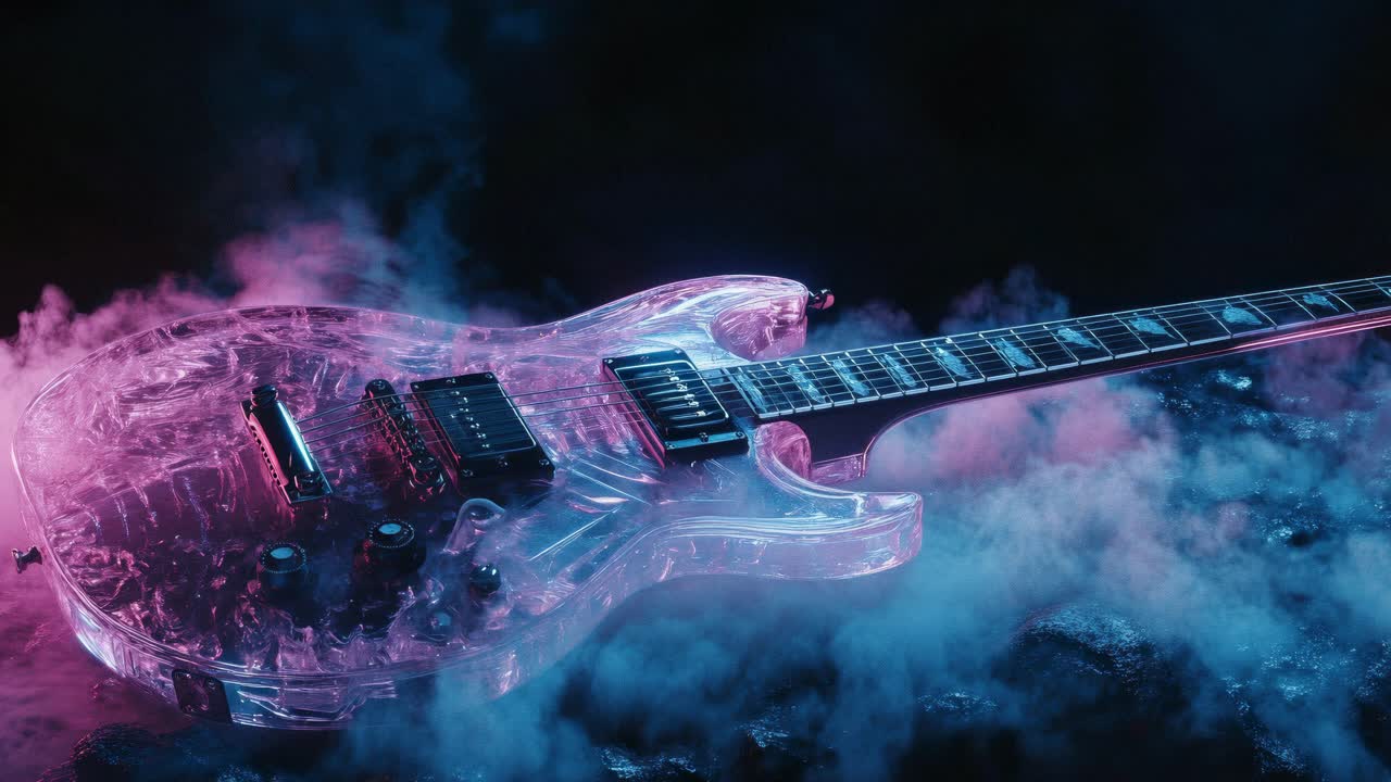 guitarra eléctrica transparente brillante en el humo del neón