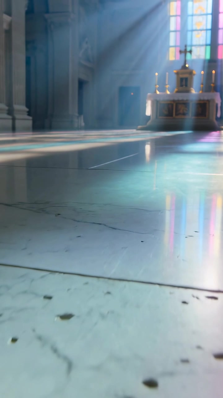 Vertical video: Streaming stained glass light driving camera moving over marble to altar candles