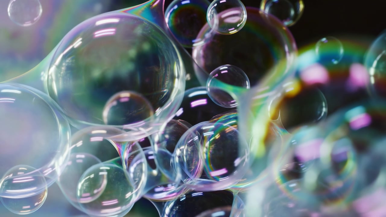 Iridescent Soap Bubbles Floating Closeup, Dreamy Macro Study Of Glossy Spheres With Rainbow Reflections
