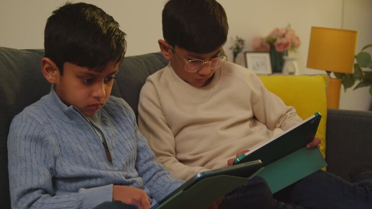 dos niños pequeños sentados en el sofá en casa jugando juegos o transmitiendo a tabletas digitales 7