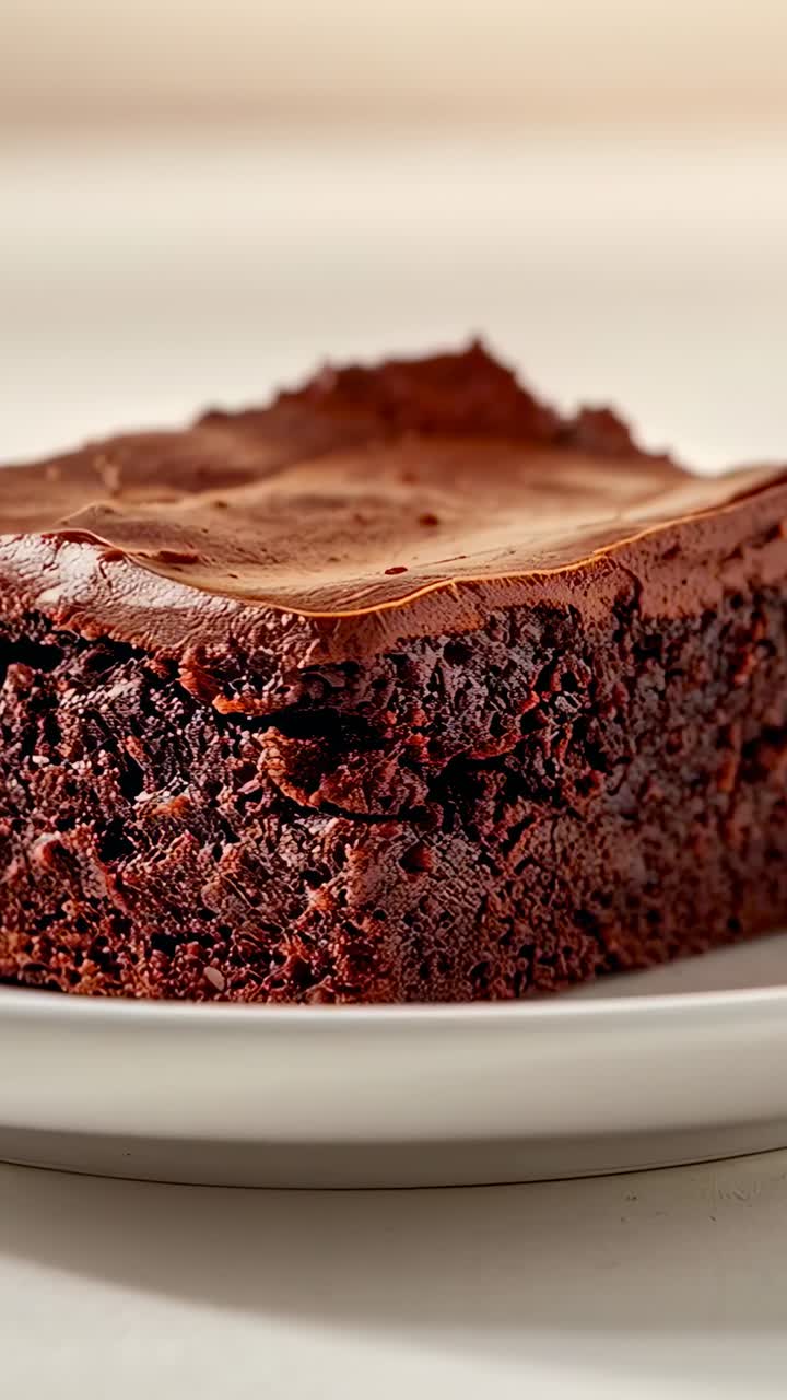 Video verticale: la camera si sposta in avanti e ruota verso destra, rivelando un brownie al cioccolato su un piatto bianco