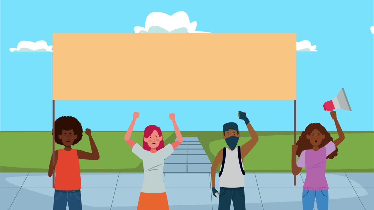 인종 간 사람들이 도시에서 배너와 메가폰을 들고 시위를 벌이고 있습니다.