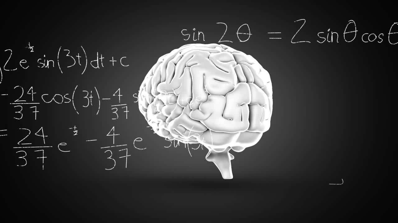 animación del cerebro humano sobre ecuaciones matemáticas y diagramas contra un fondo negro