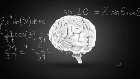 animación del cerebro humano sobre ecuaciones matemáticas y diagramas contra un fondo negro