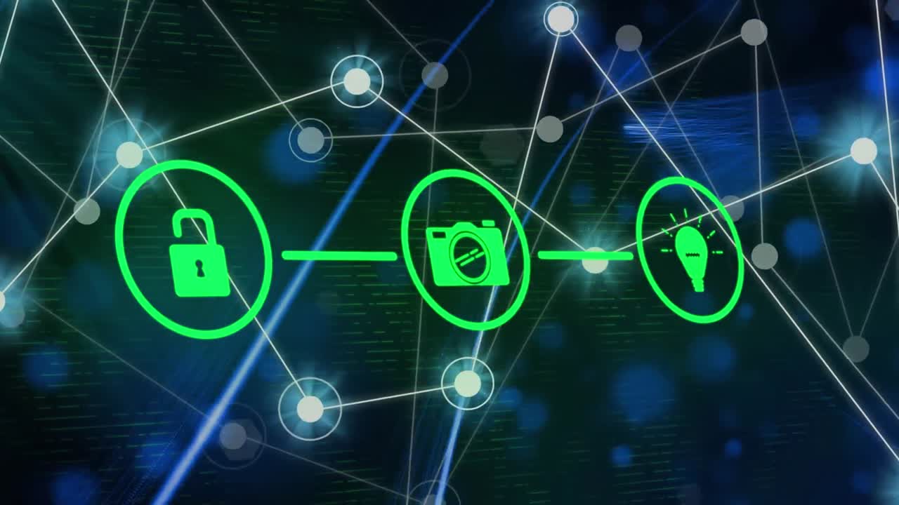 Animation of flow chart of icons over connected dots against black background