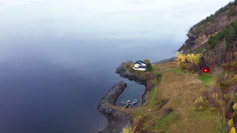 aerial view of the chalets and the small dockyard in norway