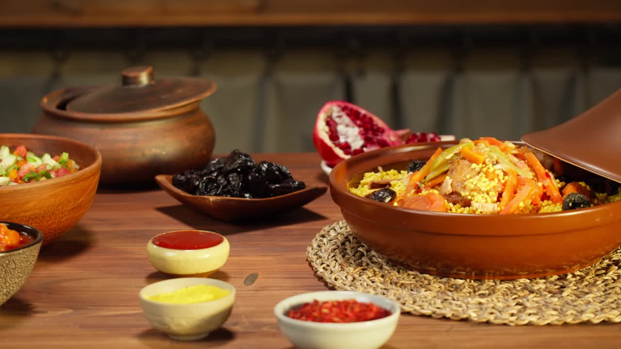 cocina marroquí. tajine, plato tradicional hecho de cordero y berenjena, ensalada de verduras. cultura de oriente medio. couscous con carne de carnero de cerca, arroz delicioso. comida casera.