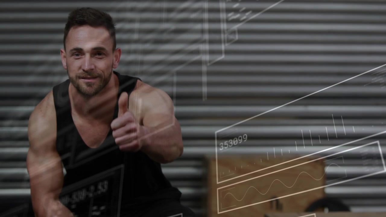Camera moving closer male on plyo box HUD sliding shifting smiling raising thumb showing gains