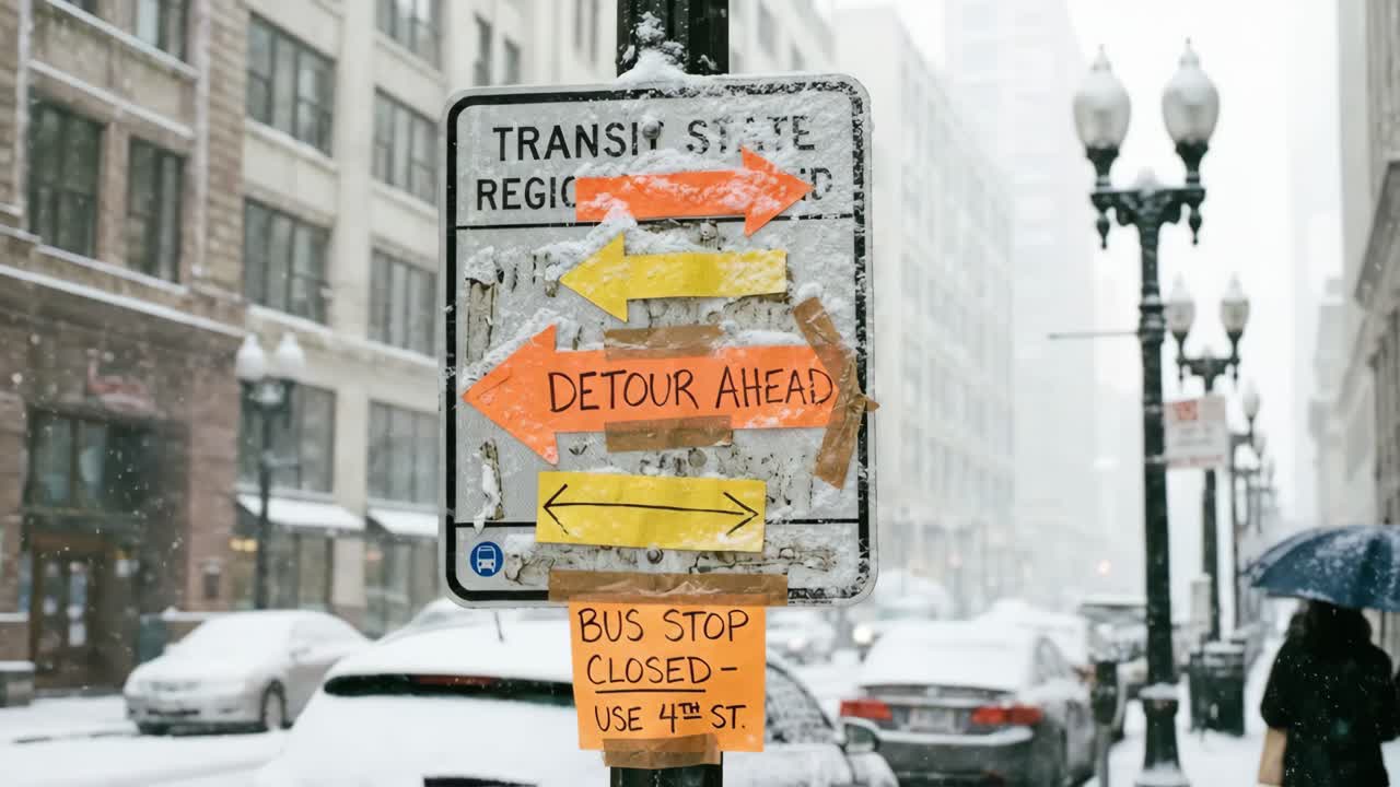 Schneebedecktes Straßenschild mit Umleitungs- und ‚Bushaltestelle geschlossen‘-Schildern in einer Winterstadt