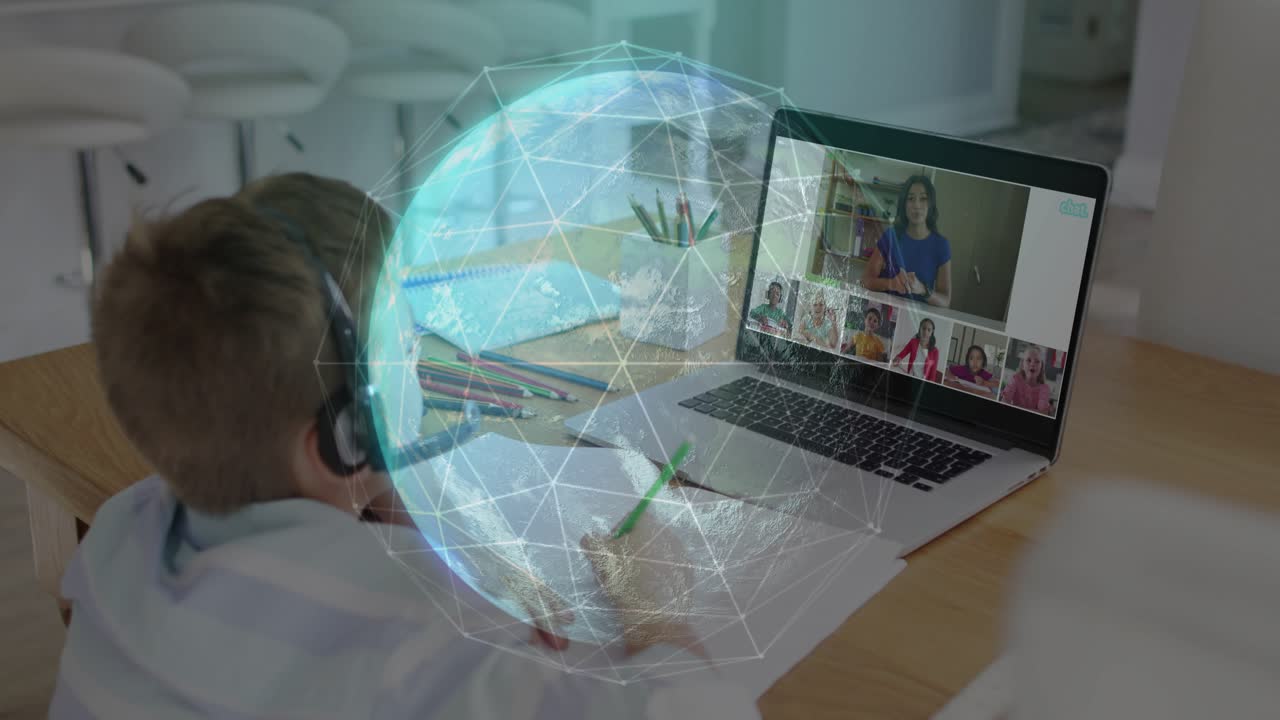 Child wearing headset drawing, teacher starting lesson causing holo globe overlaying desk with code