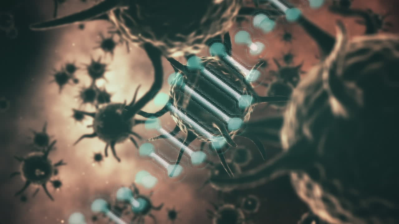 animación de la cadena de adn girando sobre las células de covid 19 flotando