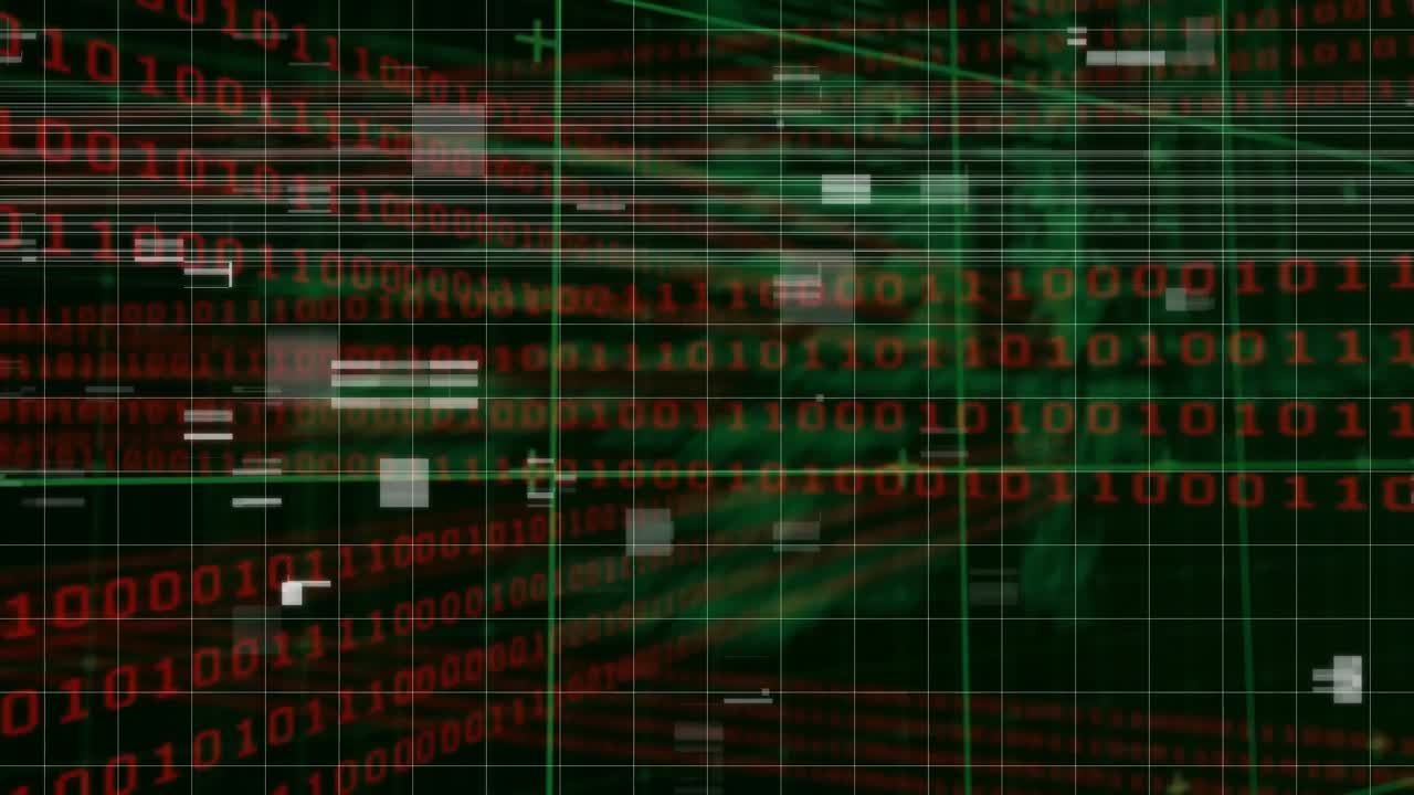 Openend raster toont glijdende lijnen, scrollende code en glitchblokken die digitale disruptie visualiseren.