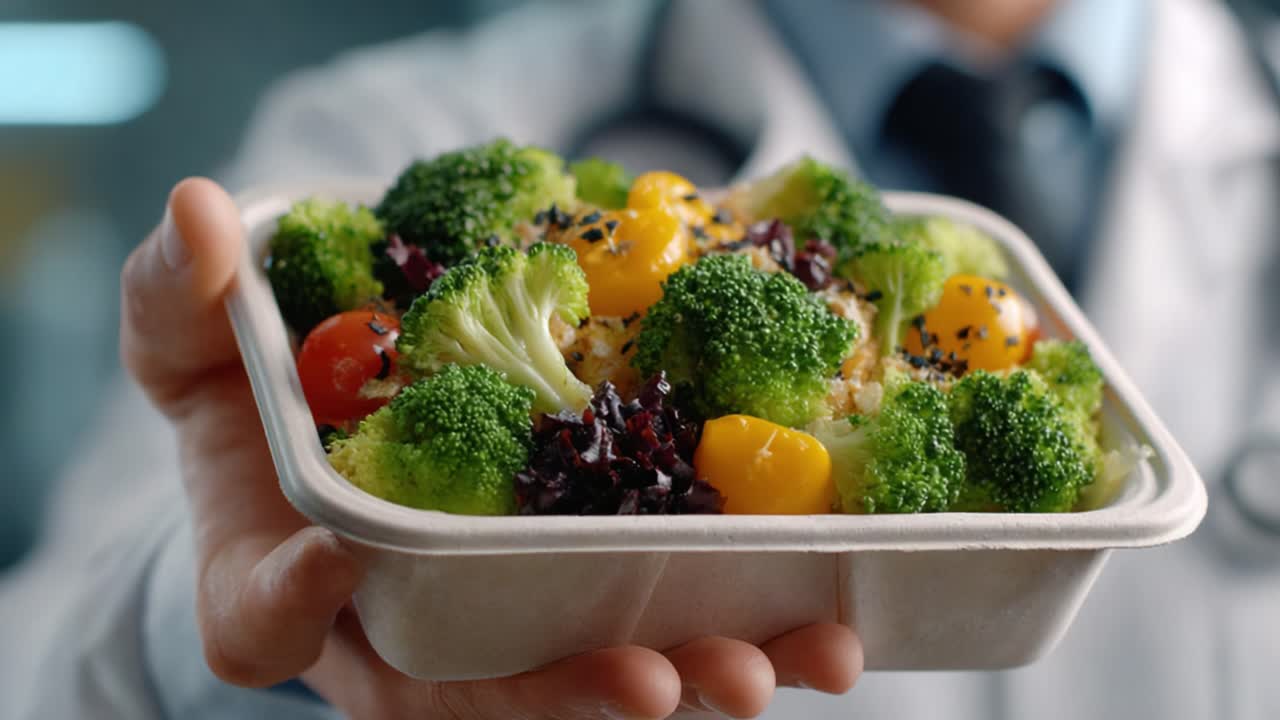 Healthy Meal Preparation: A Professional Holding a Colorful Container of Fresh Vegetables with Broccoli, Cherry Tomatoes, and Mixed Greens in a Clean Environment
