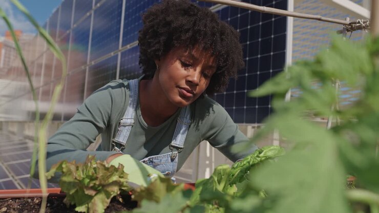 Young woman gardening in rooftop garden