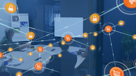 Animation-Der-Datenverarbeitung-Und-Diagramme-über-Verschiedene-Kollegen,-Die-über-Die-Arbeit-Diskutieren