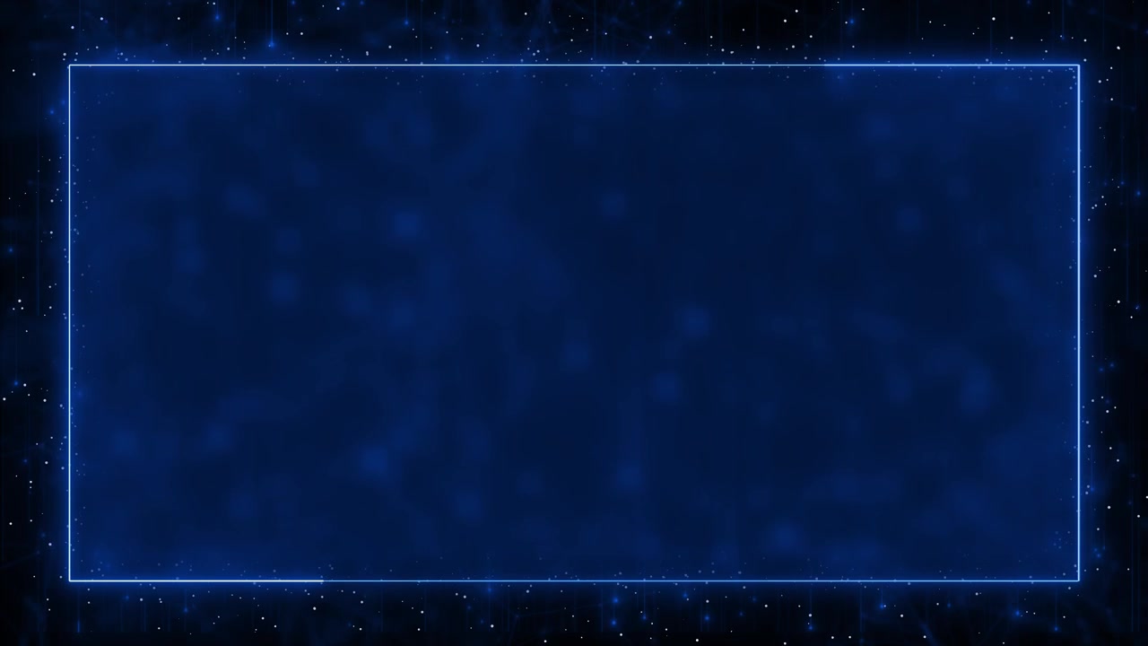 Dark blue title frame visual with luminous rectangular border scattered white particles and soft