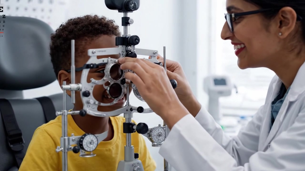 A detailed examination of a young boy's eyesight by an optometrist utilizing advanced optical instruments in a modern clinic, focusing on precision and clarity during the consultation.