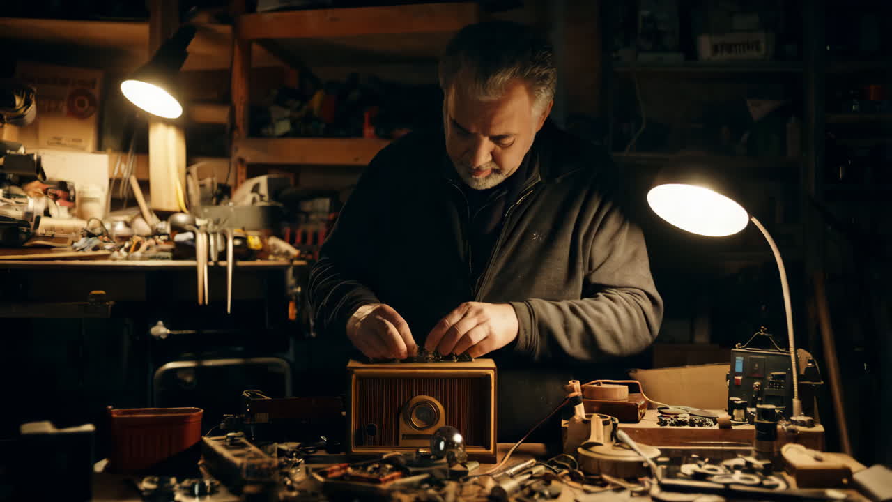 Man repairing a vintage radio in a workshop