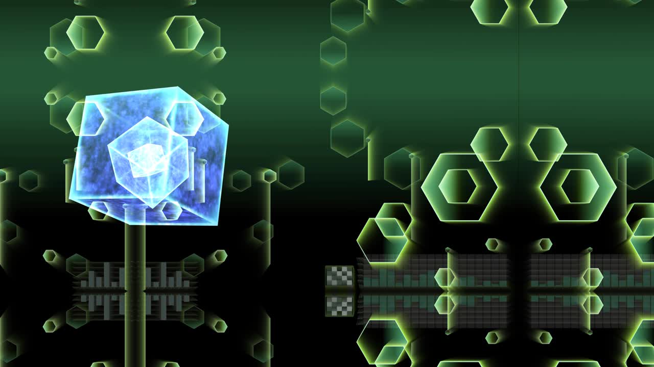 the cube energy surface in bigger cube with reflection of polygon futuristic digital Infograph and radar point analysis change two step loop and graph bar data analysis