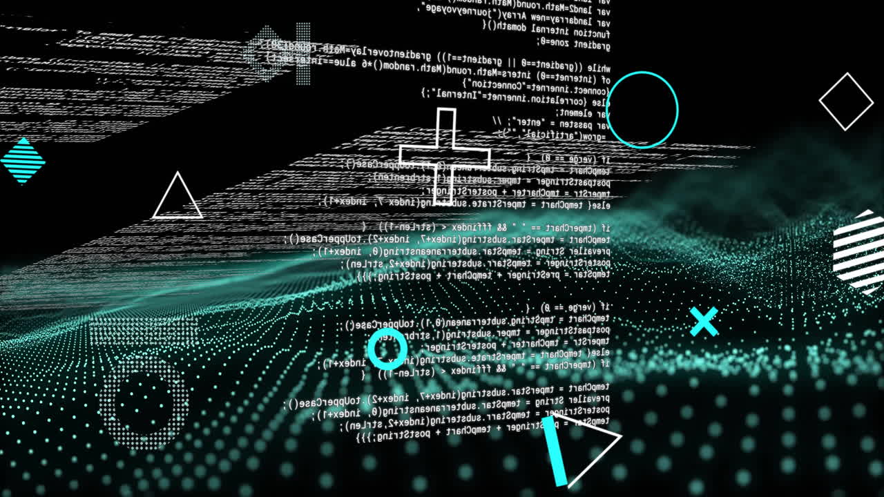 Animation of rotating shapes over blue network waves and data processing on black background