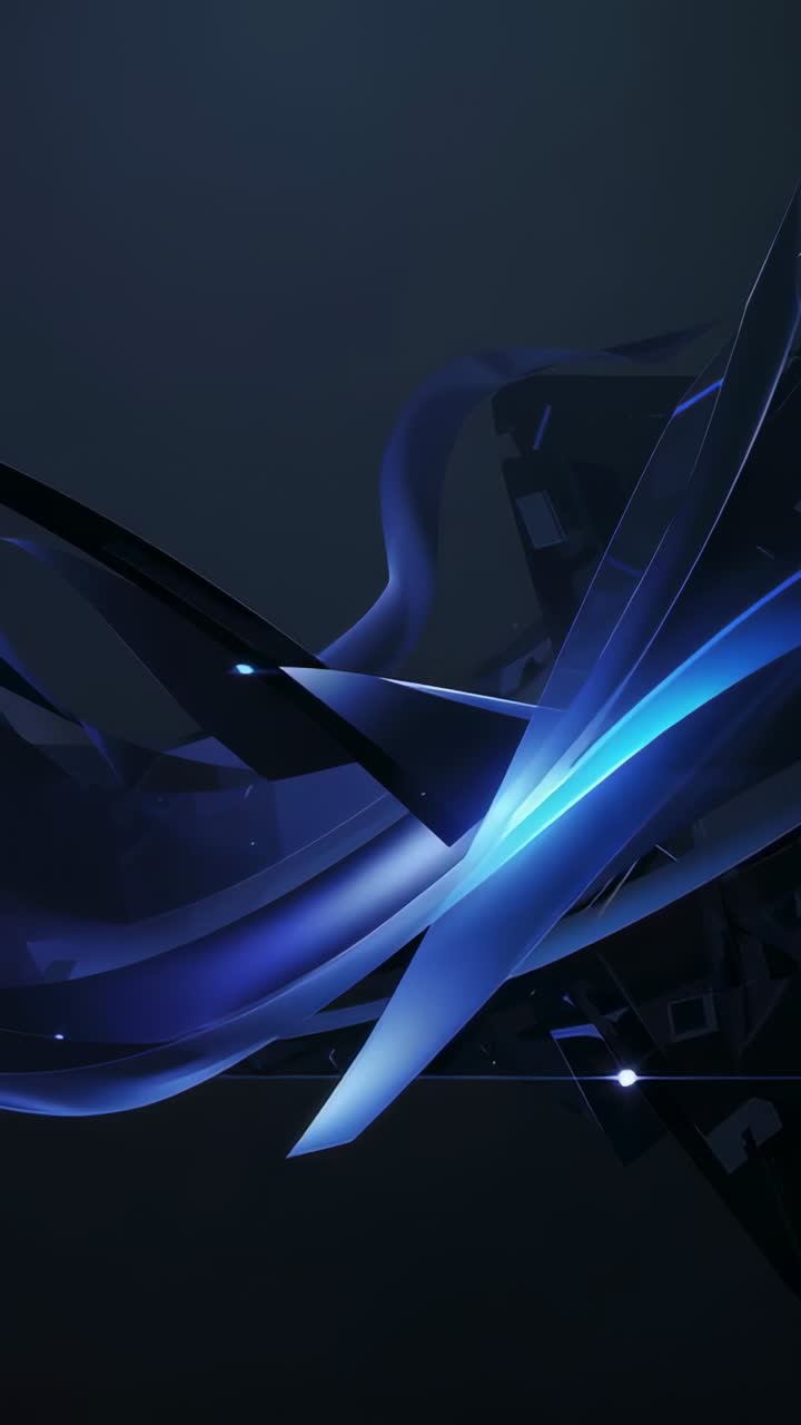 Vertical video: Animation starting sculptural blue ribbons shifting in 3D space showing cyan streak