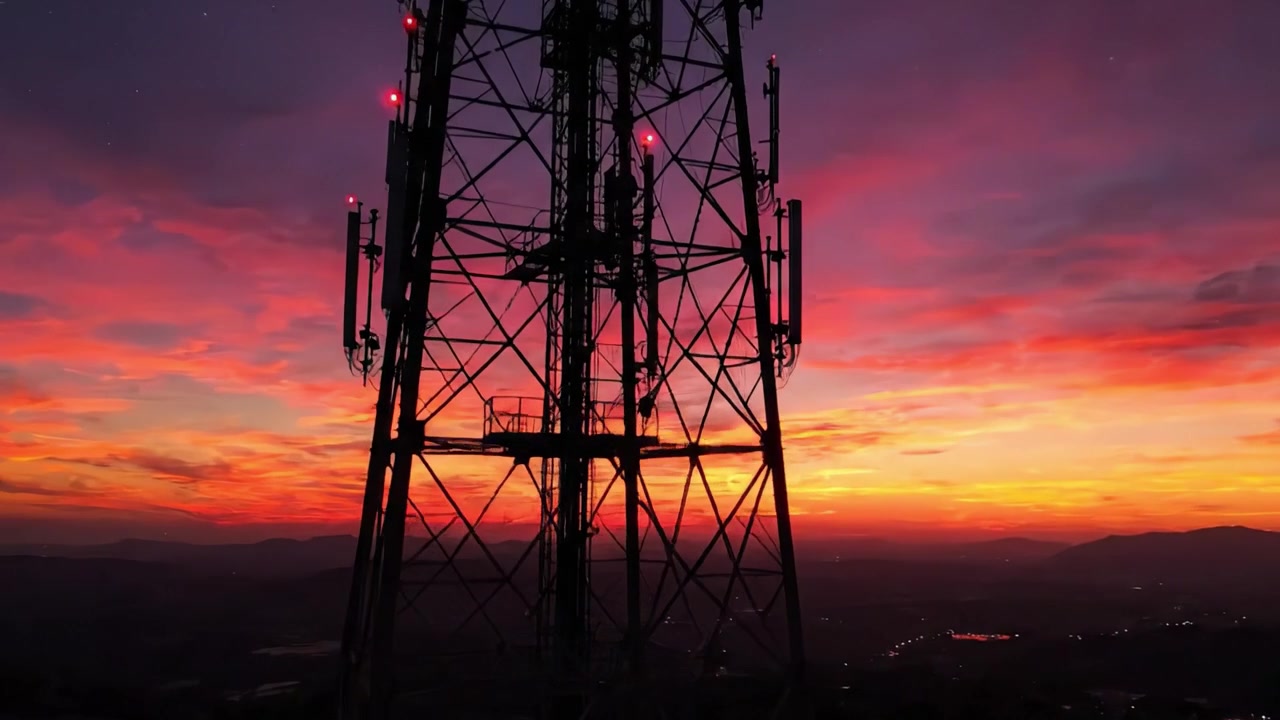 Maestoso crepuscolo nel cielo: una splendida transizione dal giorno alla notte catturata in magnifici colori che circondano una torre di comunicazione