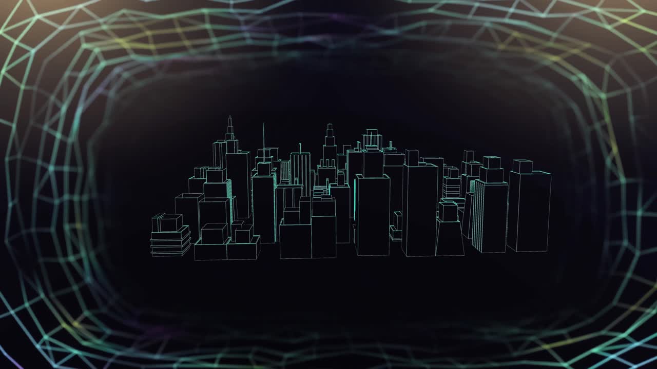 Animation of network of connections over 3d spinning city model on black background