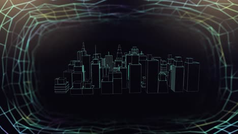 animation of network of connections over 3d spinning city model on black background