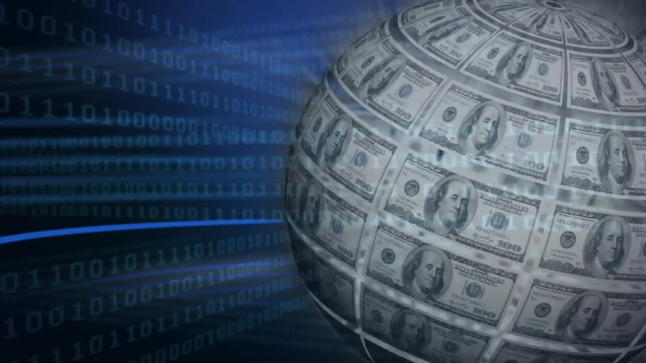 animación del globo con billetes de dólar sobre el procesamiento de datos sobre fondo negro