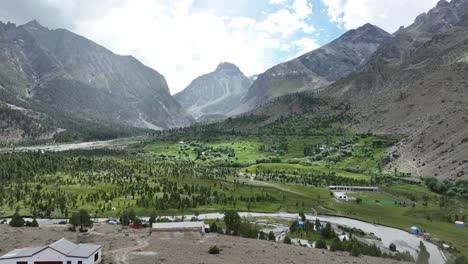 aerial scenic drone footage with dolly-out movement of basho valley in pakistan during sunny day