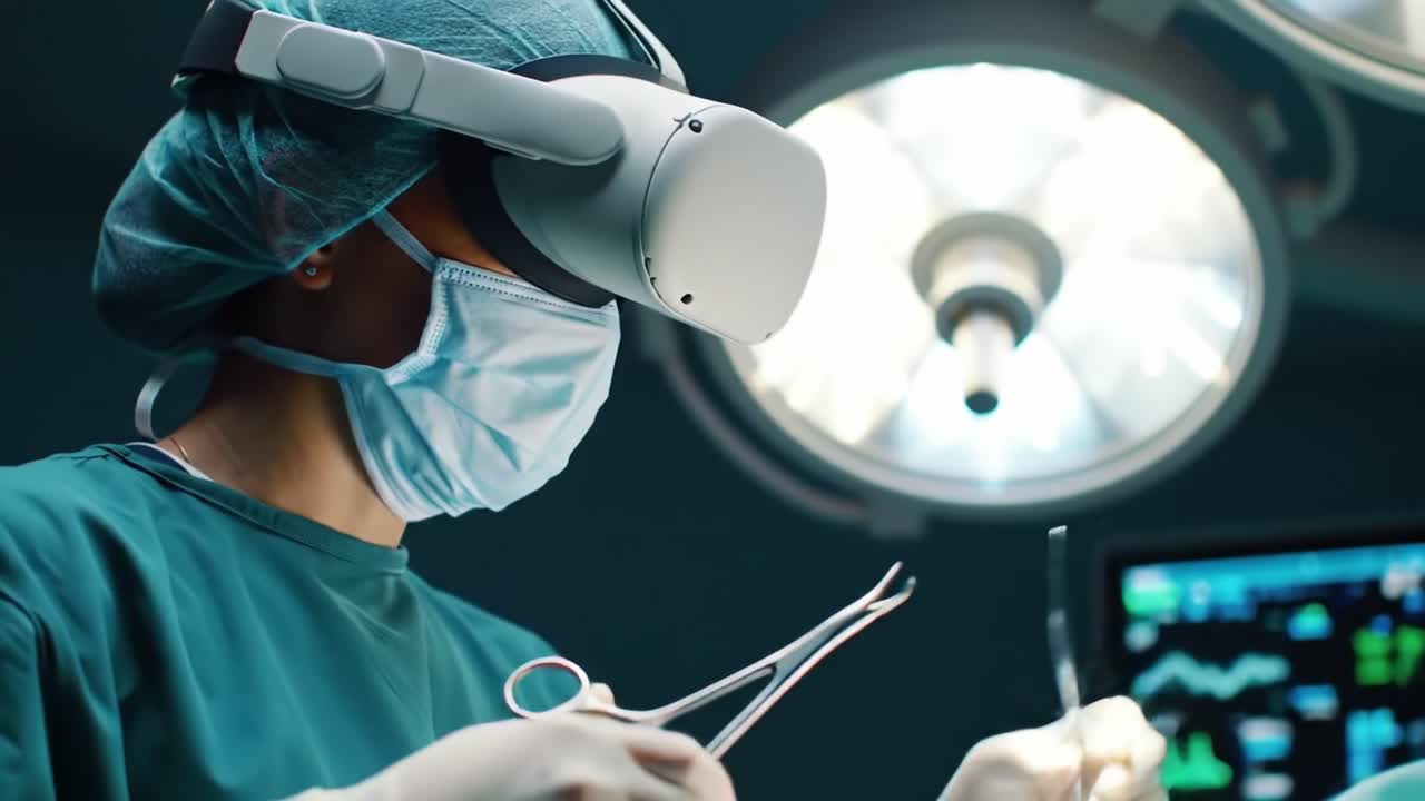 Surgeons in a state-of-the-art operating room utilize virtual reality technology to enhance precision and training. The environment is high-tech and focused on improving patient outcomes.
