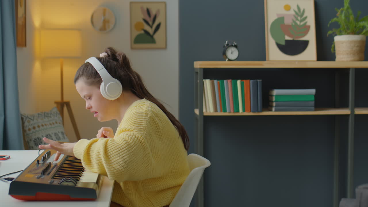 Girl with Down Syndrome Putting on Headphones and Playing Synth