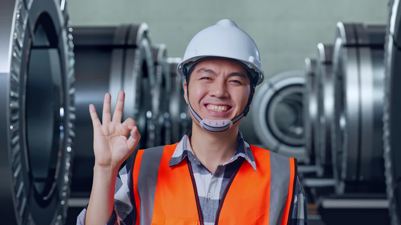 안전 헬을 입은 아시아 남성 엔지니어가 웃으며 금속 공장에서 서서 카메라에 은 몸짓을 보여줍니다.