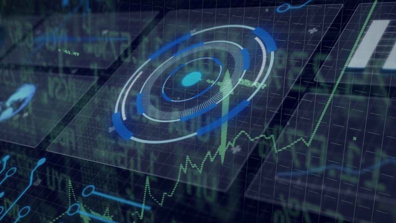 On ticker update concentric HUD rotating pulsing, green chart rising, arrows growing, showing gains