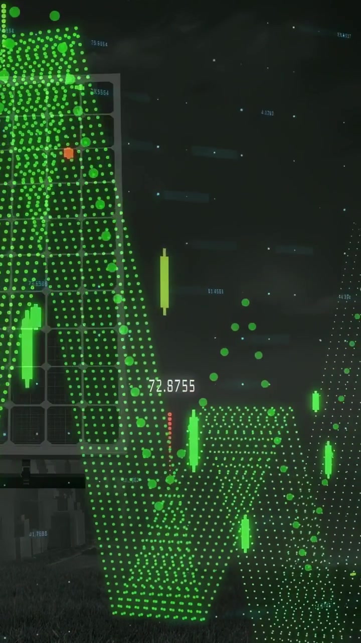 Vertical video: Solar panel feeding data, 3D ribbon rising with candlesticks showing energy output