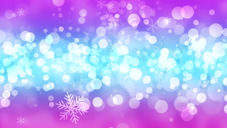 flying white snowflakes and round bokeh on shiny blue night sky