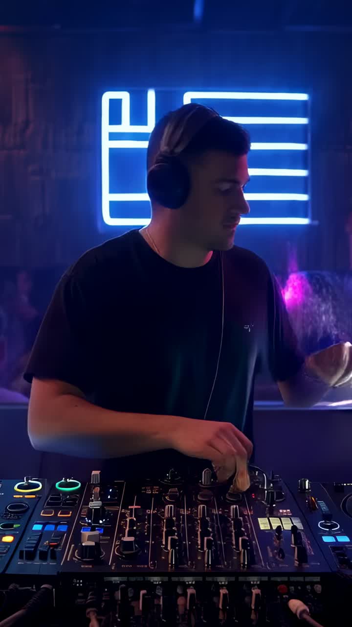 Vertical video: Cueing new track, DJ in dark tee mixing in club to keep mix, headphones and mixer
