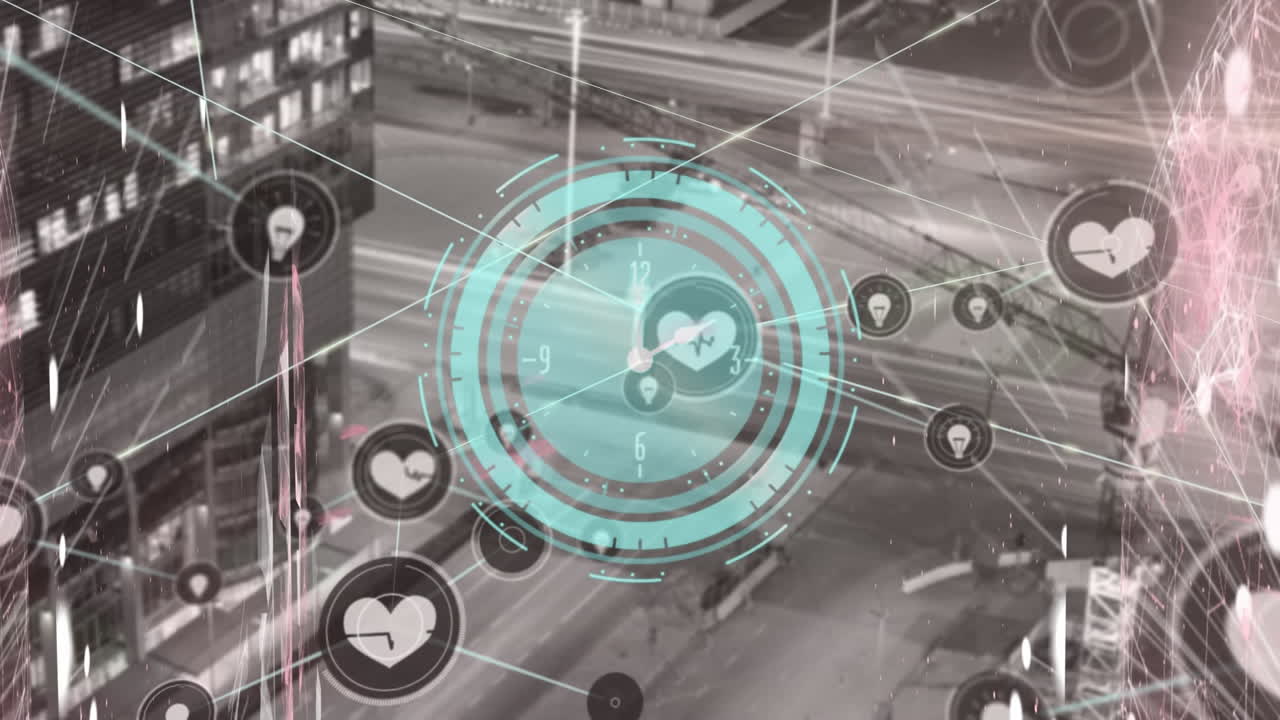 건물과 거리의 높은 각도 시야에 대한 디지털 시계 위에 연결된 아이콘 글로브의 애니메이션
